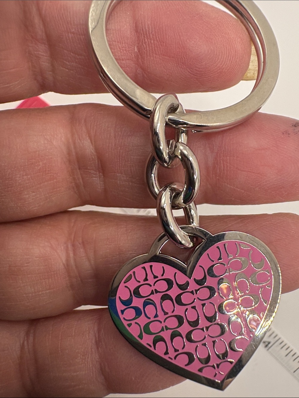 Coach Pink Heart Logo Keyring with Silver Hardware